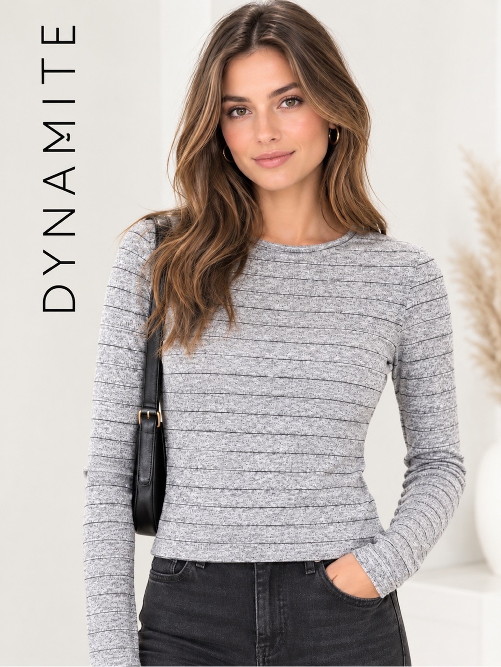 DYNAMITE Grey and Black Striped Long-Sleeve Crewneck Top